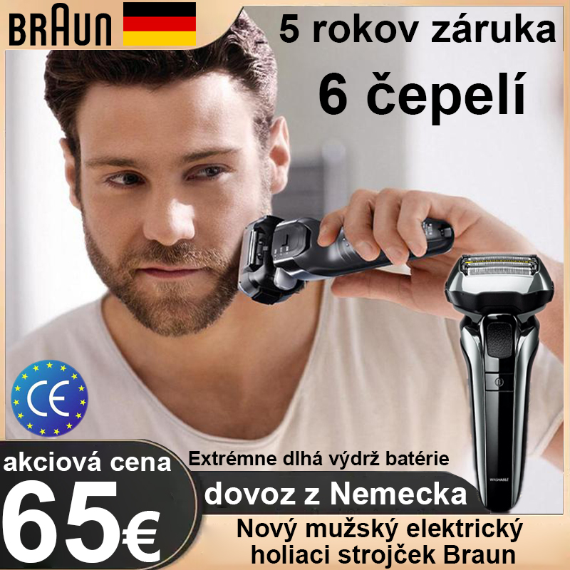 Elektrický holiaci strojček Braun (6 hlávok + ultrazvukové čistenie + možnosť použitia na suché aj mokré holenie + ukazovateľ stavu batérie + kompletné príslušenstvo)