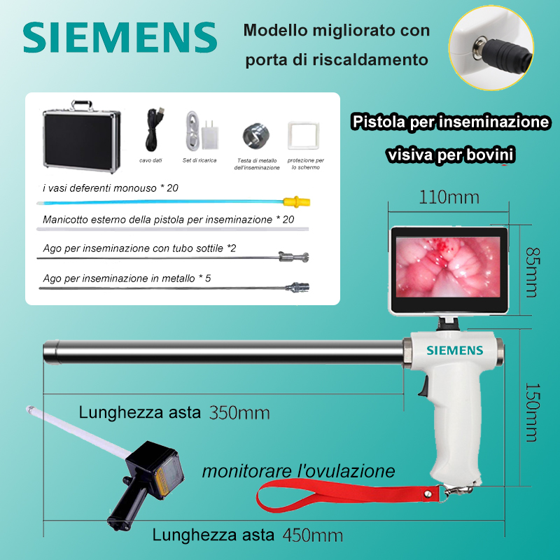 [Versione aggiornata con porta di riscaldamento (per bovini)] Pistola per inseminazione visiva Siemens+ago per inseminazione a tubo sottile*2+ago per inseminazione in metallo*5+manicotto esterno per pistola per inseminazione*20+vasi deferenti monouso*20+ovulatore+Altri accessori